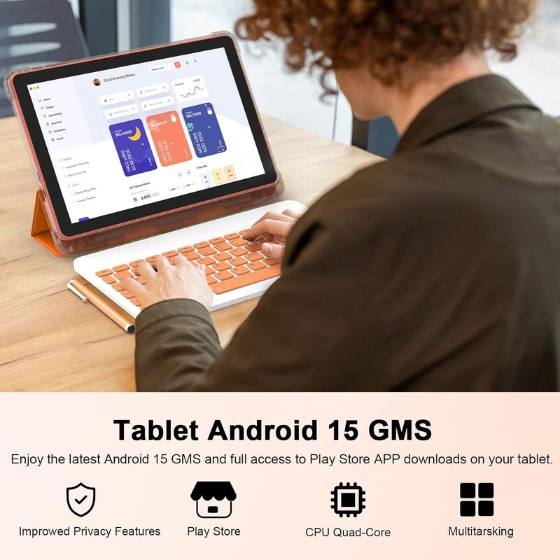 CUPEISI Android 15 Tablet 10 Inch, 20GB RAM+128GB ROM/2TB Expandable, 2.0GHz Quad-core Processor, 1280*800 HD Screen, 5G WiFi6 BT5.0, 2 in 1 Tablets with Keyboard Case Mouse Stylus, Widevine L1 Orange - Image 4